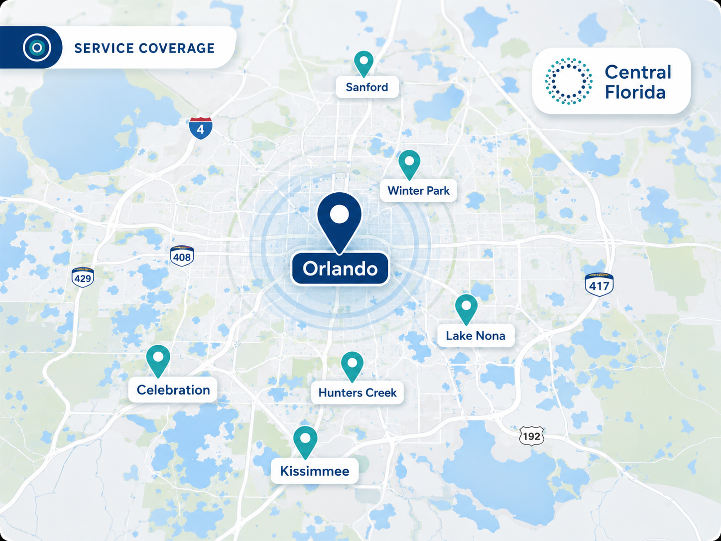 PrimeStar service coverage map across Central Florida — Orlando, Sanford, Winter Park, Lake Nona, Hunters Creek, Celebration, and Kissimmee